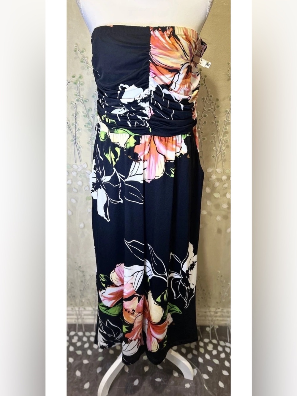 Venus NWT Black Tropical Floral Strapless Culotte Jumpsuit Wide Leg Romper Sz XL